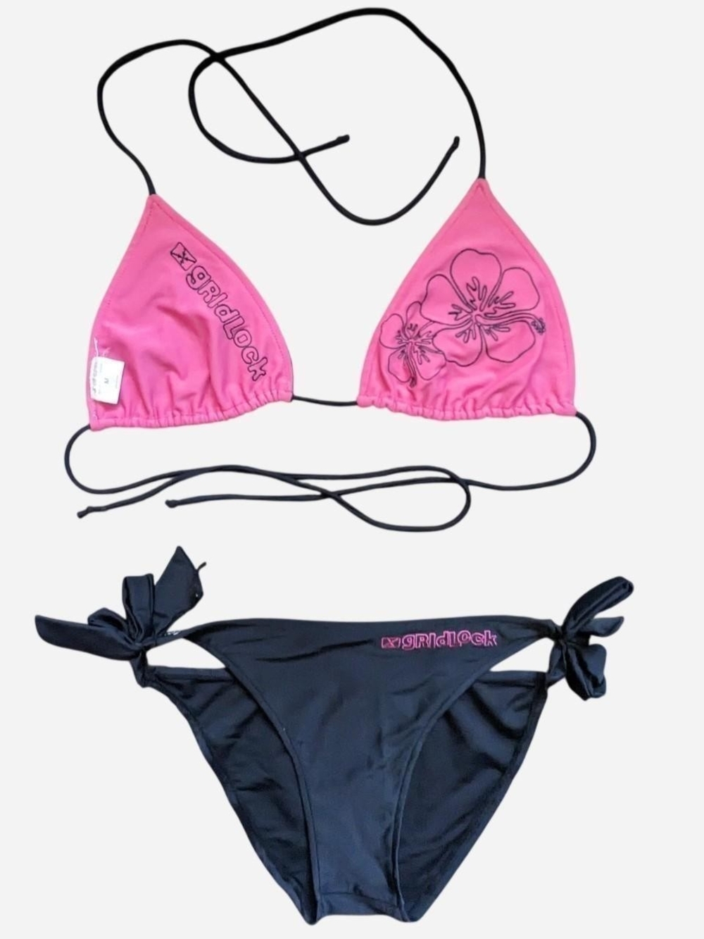 rare vintage y2k pink and black hibiscus flower reversible bikini set